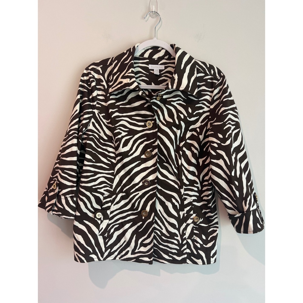 Charter Club Women's‎ Zebra Print Button Up 3/4 Sleeve Blazer Jacket Size Large